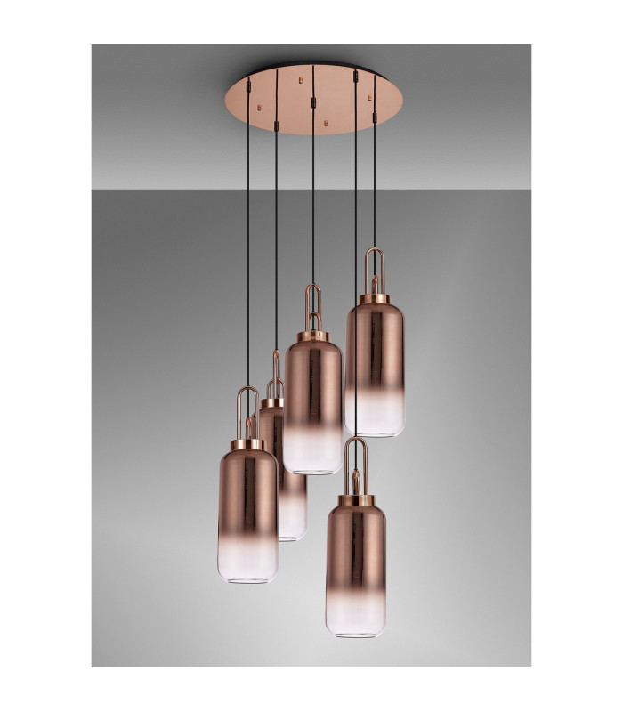 Yorktown 61cm Round 5 Light Pendant 16cm Cylinder Glass Copper/Matt Black Copper/Clear-10