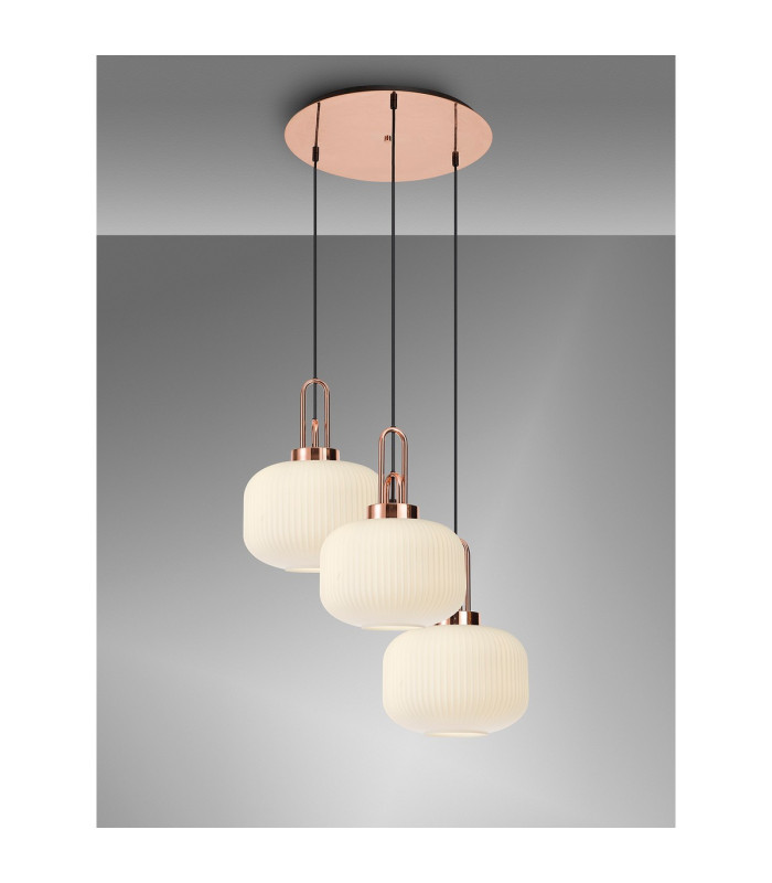 Yorktown 65cm 2m Round Pendant 3 x E27 Copper/Matt Black 30cm Pumpkin Shaped Ribbed Opal Glass-3