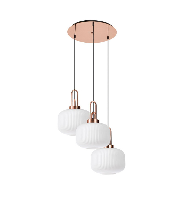 Yorktown 65cm 2m Round Pendant 3 x E27 Copper/Matt Black 30cm Pumpkin Shaped Ribbed Opal Glass-4