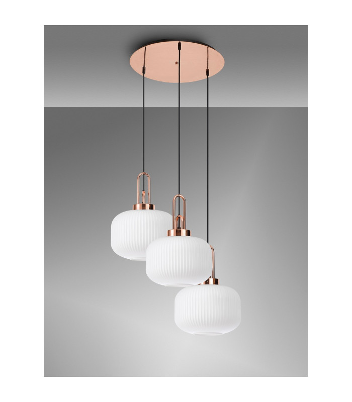 Yorktown 65cm 2m Round Pendant 3 x E27 Copper/Matt Black 30cm Pumpkin Shaped Ribbed Opal Glass-10