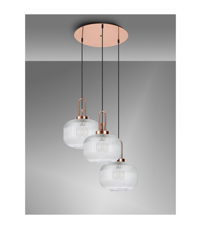 Yorktown 65cm 2m Round Pendant 3 x E27 Copper/Matt Black 30cm Pumpkin Shaped Ribbed Clear Glass-10
