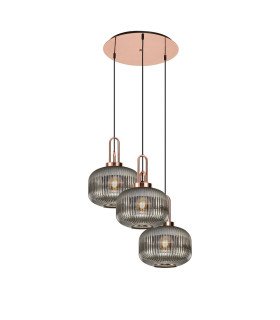 Yorktown 65cm 2m Round Pendant 3 x E27 Copper/Matt Black 30cm Pumpkin Shaped Ribbed Smoked Glass-1