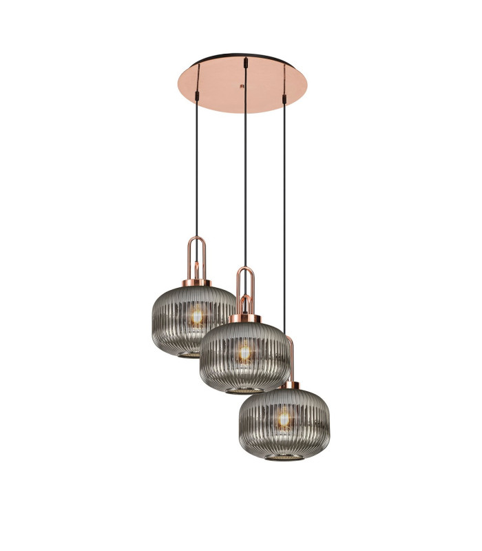 Yorktown 65cm 2m Round Pendant 3 x E27 Copper/Matt Black 30cm Pumpkin Shaped Ribbed Smoked Glass-1