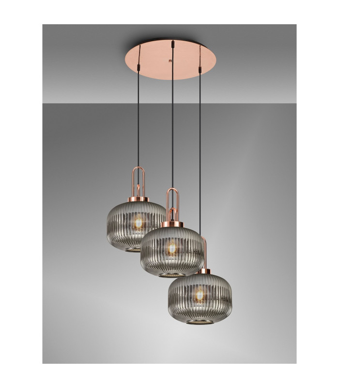 Yorktown 65cm 2m Round Pendant 3 x E27 Copper/Matt Black 30cm Pumpkin Shaped Ribbed Smoked Glass-3