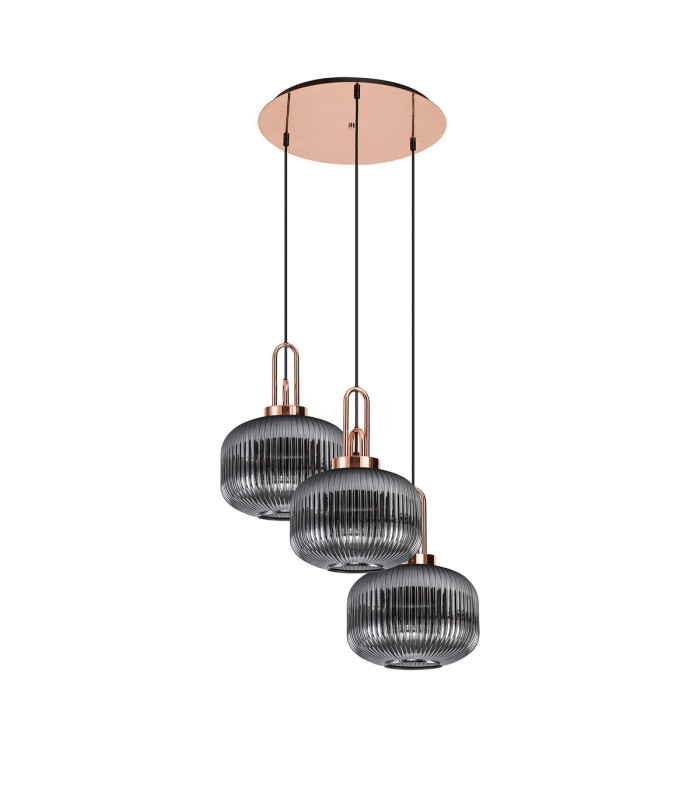 Yorktown 65cm 2m Round Pendant 3 x E27 Copper/Matt Black 30cm Pumpkin Shaped Ribbed Smoked Glass-4