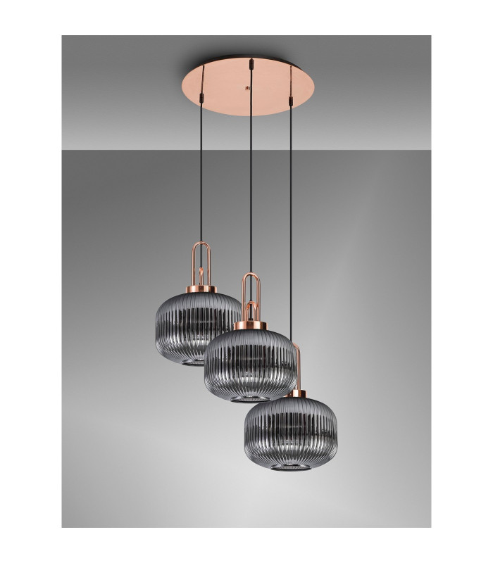Yorktown 65cm 2m Round Pendant 3 x E27 Copper/Matt Black 30cm Pumpkin Shaped Ribbed Smoked Glass-10