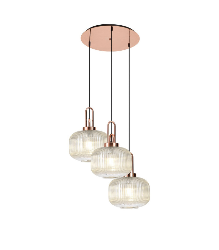 Yorktown 65cm 2m Round Pendant 3 x E27 Copper/Matt Black 30cm Pumpkin Shaped Ribbed Champagne Glass-1