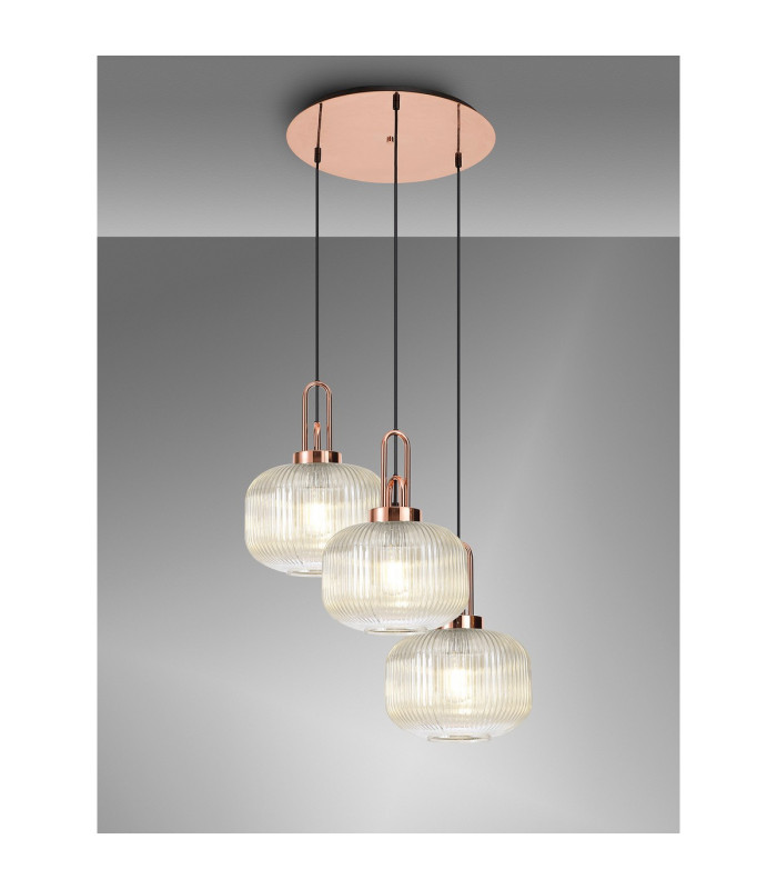 Yorktown 65cm 2m Round Pendant 3 x E27 Copper/Matt Black 30cm Pumpkin Shaped Ribbed Champagne Glass-3