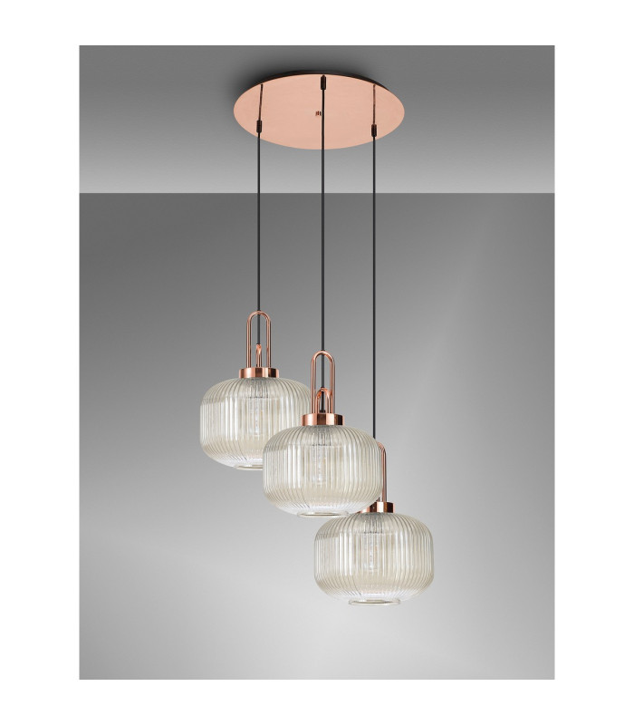 Yorktown 65cm 2m Round Pendant 3 x E27 Copper/Matt Black 30cm Pumpkin Shaped Ribbed Champagne Glass-10