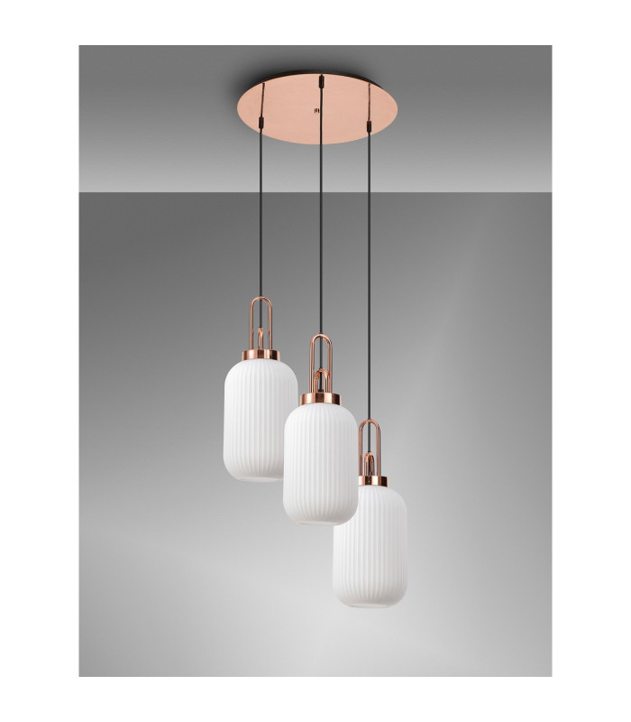 Yorktown 55cm Round 3 Light Pendant 20cm Tubular Ribbed Glass Copper/Matt Black Opal-9