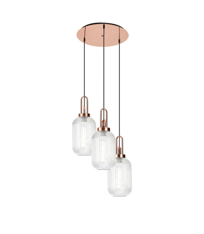 Yorktown 55cm Round 3 Light Pendant 20cm Tubular Ribbed Glass Copper/Matt Black Clear-1
