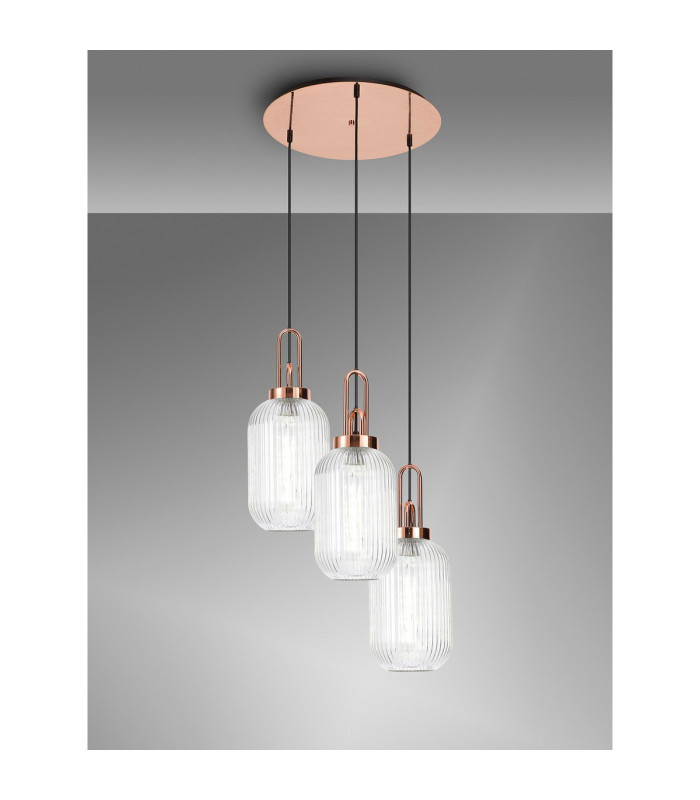 Yorktown 55cm Round 3 Light Pendant 20cm Tubular Ribbed Glass Copper/Matt Black Clear-3