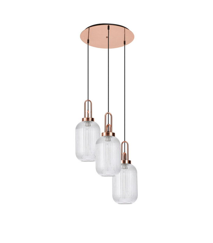 Yorktown 55cm Round 3 Light Pendant 20cm Tubular Ribbed Glass Copper/Matt Black Clear-4