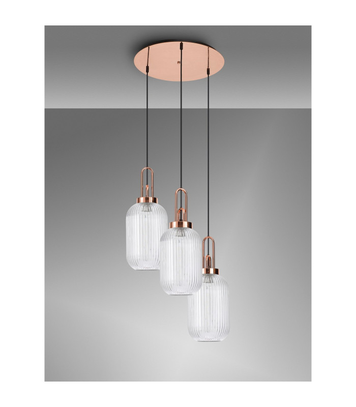 Yorktown 55cm Round 3 Light Pendant 20cm Tubular Ribbed Glass Copper/Matt Black Clear-10
