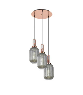 Yorktown 55cm Round 3 Light Pendant 20cm Tubular Ribbed Glass Copper/Matt Black Smoked-1