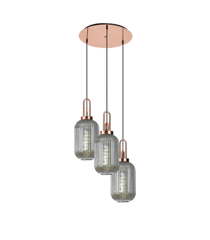 Yorktown 55cm Round 3 Light Pendant 20cm Tubular Ribbed Glass Copper/Matt Black Smoked-1