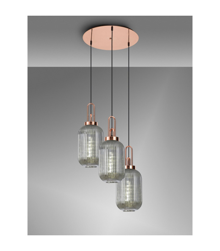 Yorktown 55cm Round 3 Light Pendant 20cm Tubular Ribbed Glass Copper/Matt Black Smoked-3