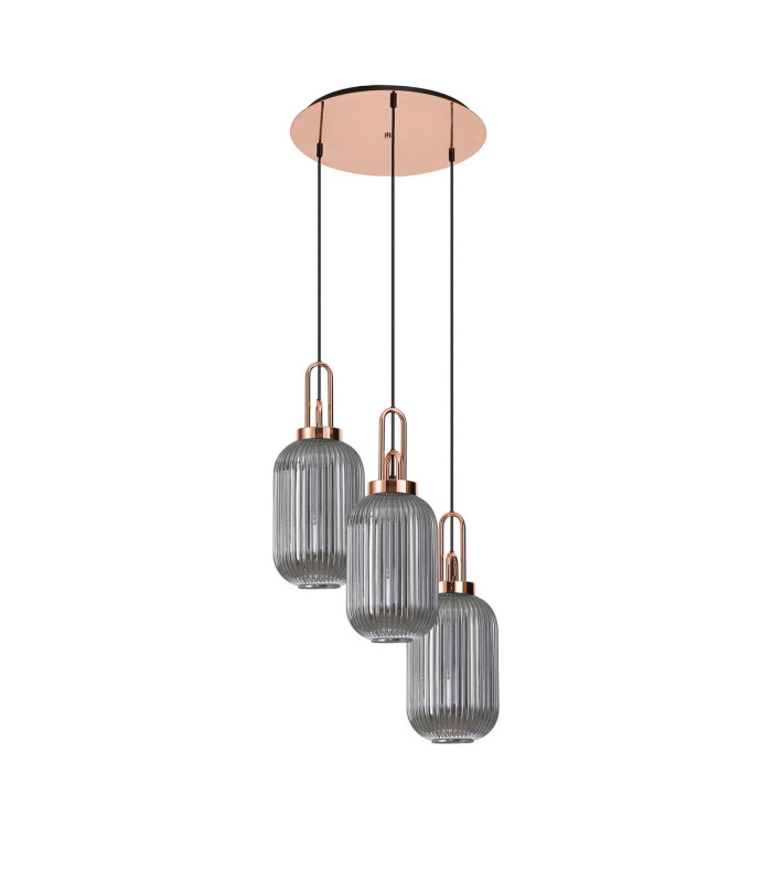 Yorktown 55cm Round 3 Light Pendant 20cm Tubular Ribbed Glass Copper/Matt Black Smoked-4