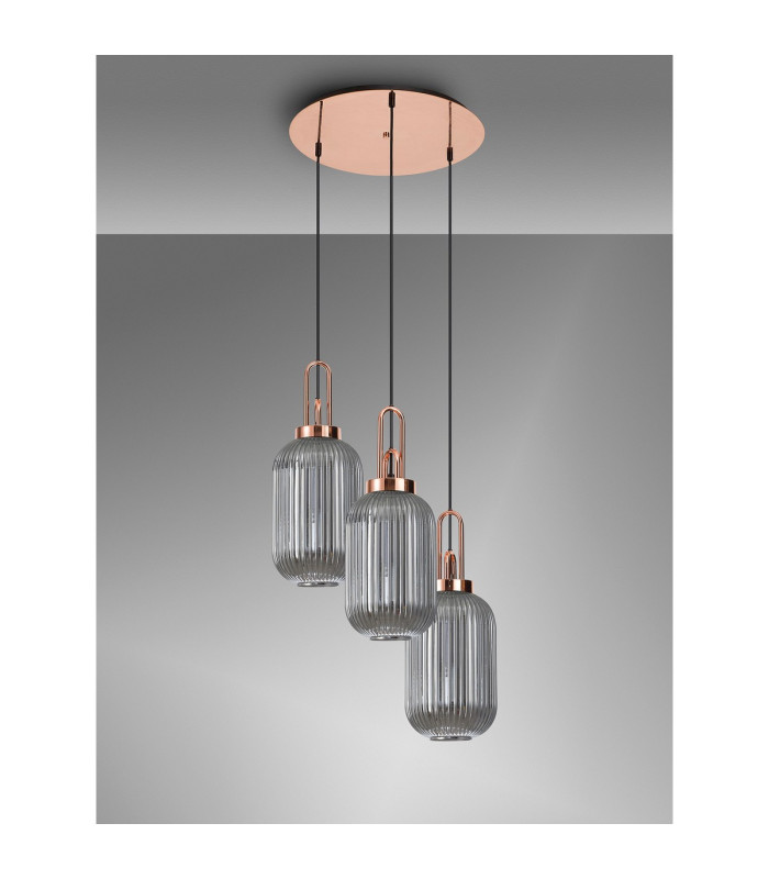 Yorktown 55cm Round 3 Light Pendant 20cm Tubular Ribbed Glass Copper/Matt Black Smoked-10