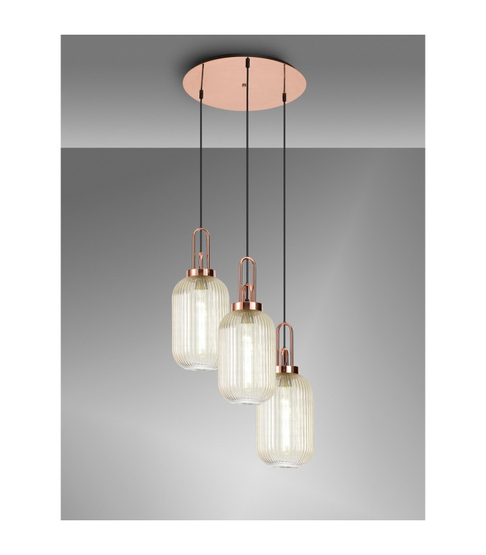 Yorktown 55cm Round 3 Light Pendant 20cm Tubular Ribbed Glass Copper/Matt Black Champagne-3