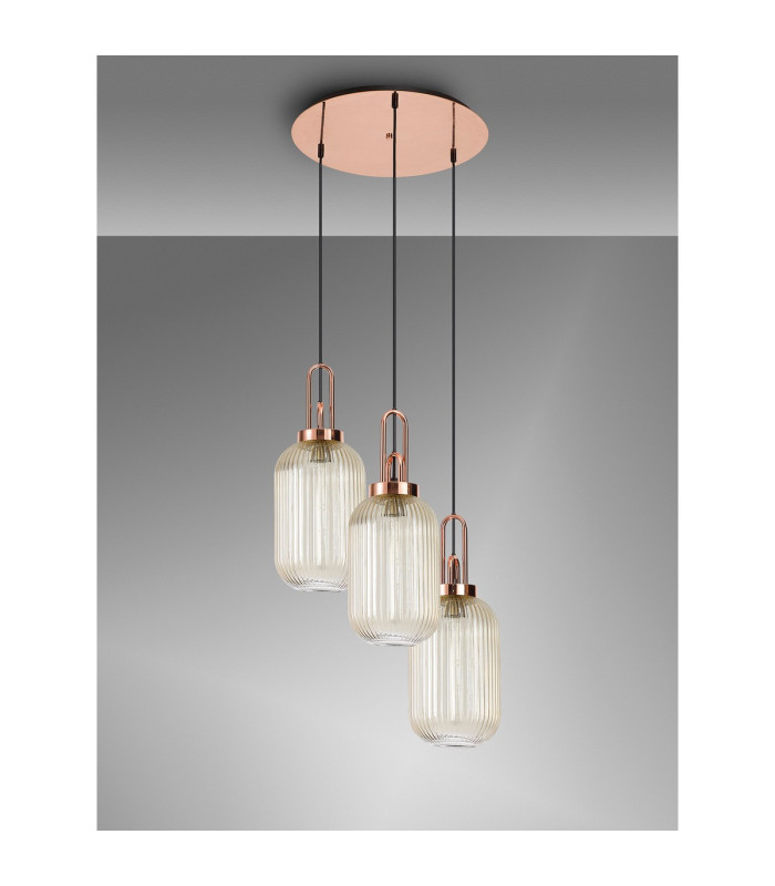 Yorktown 55cm Round 3 Light Pendant 20cm Tubular Ribbed Glass Copper/Matt Black Champagne-10