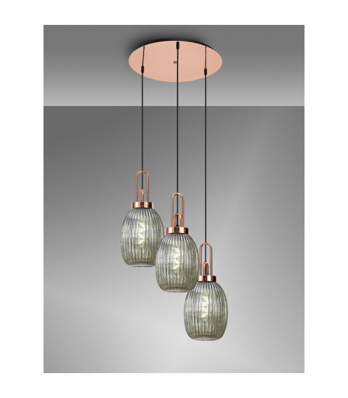 Yorktown 55cm Round 3 Light Pendant 20cm Almond Ribbed Glass Copper/Matt Black Smoked-3