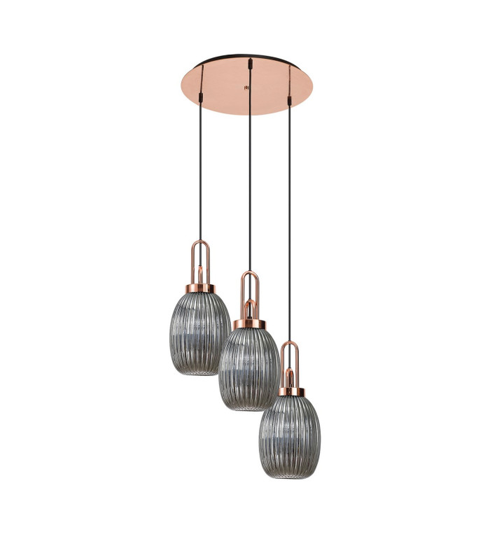 Yorktown 55cm Round 3 Light Pendant 20cm Almond Ribbed Glass Copper/Matt Black Smoked-4