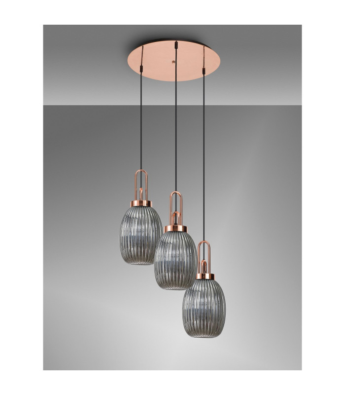 Yorktown 55cm Round 3 Light Pendant 20cm Almond Ribbed Glass Copper/Matt Black Smoked-9