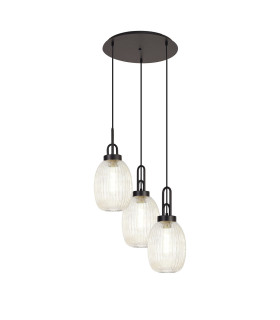 Yorktown 55cm Round 3 Light Pendant 20cm Almond Ribbed Glass Matt Black/Matt Black Champagne-1