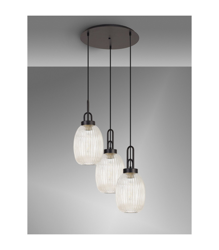Yorktown 55cm Round 3 Light Pendant 20cm Almond Ribbed Glass Matt Black/Matt Black Champagne-9