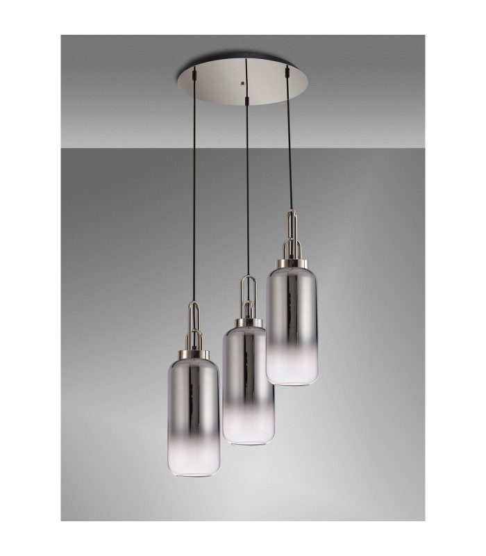 Yorktown 51cm Round 3 Light Pendant 16cm Cylinder Glass Polished Nickel/Matt Black Smoked/Clear-10