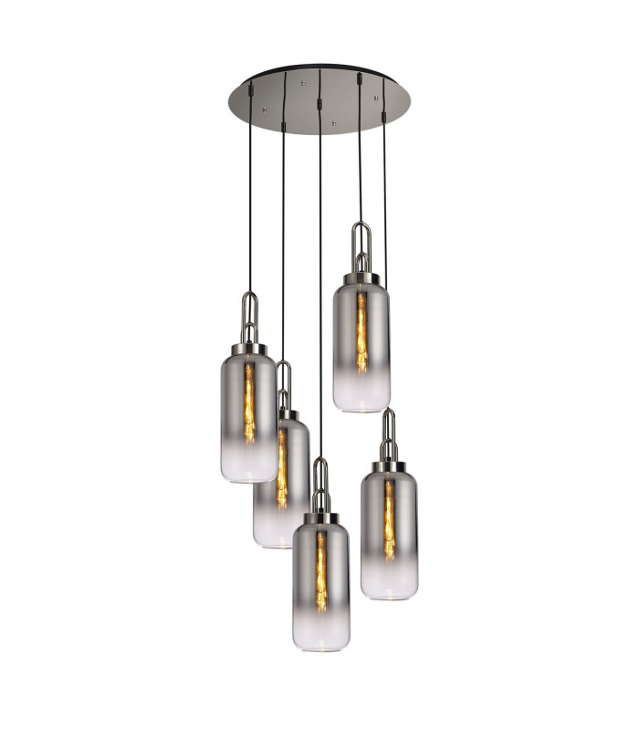 Yorktown 61cm Round 5 Light Pendant 16cm Cylinder Glass Polished Nickel/Matt Black Smoked/Clear-1