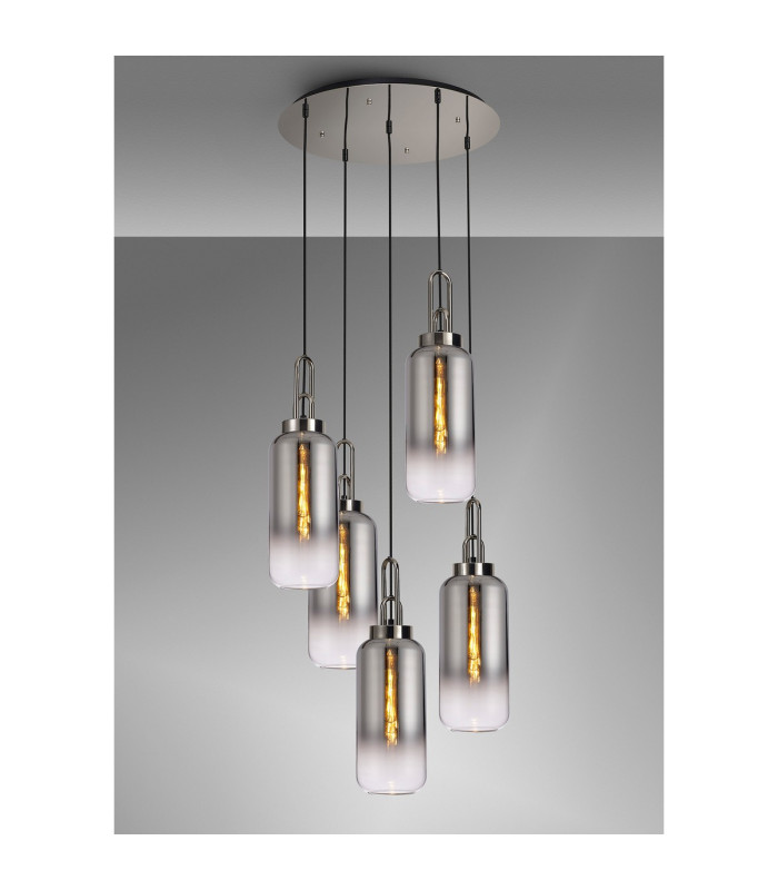 Yorktown 61cm Round 5 Light Pendant 16cm Cylinder Glass Polished Nickel/Matt Black Smoked/Clear-3