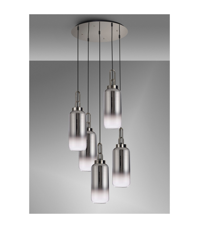 Yorktown 61cm Round 5 Light Pendant 16cm Cylinder Glass Polished Nickel/Matt Black Smoked/Clear-10