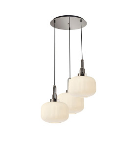 Yorktown 65cm 2m Round Pendant 3 x E27 Polished Nickel/Matt Black 30cm Pumpkin Shaped Ribbed Opal Glass-1