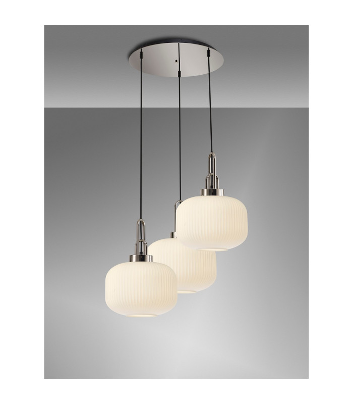 Yorktown 65cm 2m Round Pendant 3 x E27 Polished Nickel/Matt Black 30cm Pumpkin Shaped Ribbed Opal Glass-3