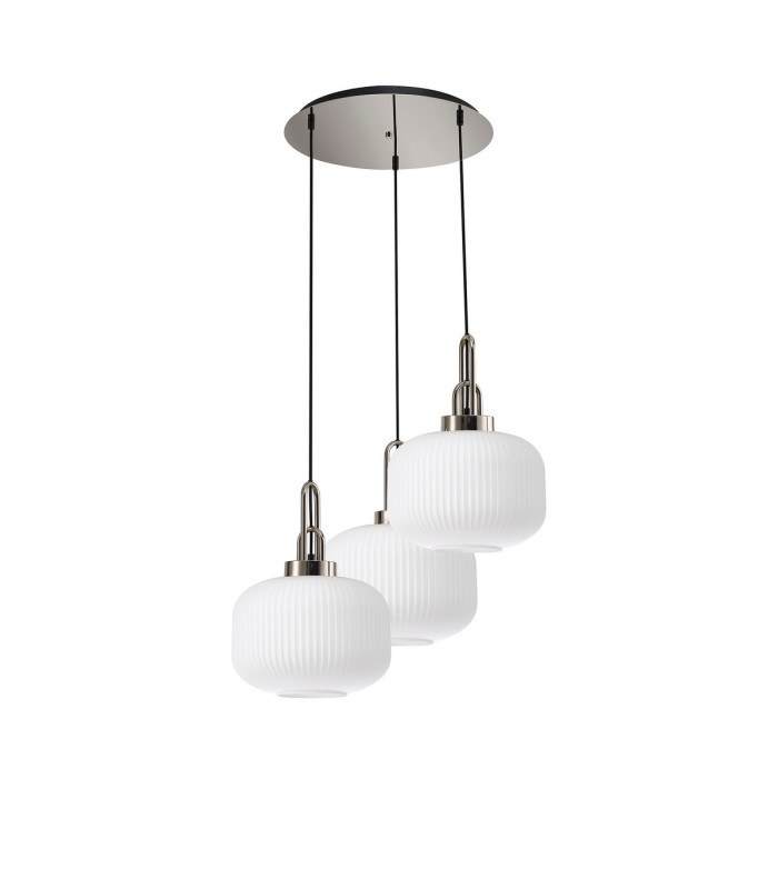 Yorktown 65cm 2m Round Pendant 3 x E27 Polished Nickel/Matt Black 30cm Pumpkin Shaped Ribbed Opal Glass-4