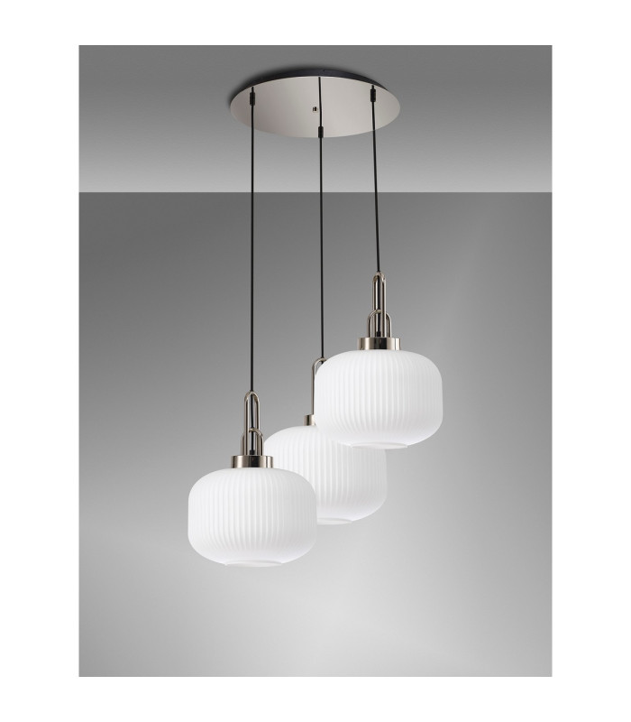 Yorktown 65cm 2m Round Pendant 3 x E27 Polished Nickel/Matt Black 30cm Pumpkin Shaped Ribbed Opal Glass-10