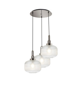 Yorktown 65cm 2m Round Pendant 3 x E27 Polished Nickel/Matt Black 30cm Pumpkin Shaped Ribbed Clear Glass-1
