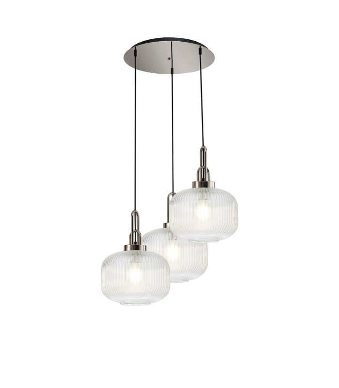 Yorktown 65cm 2m Round Pendant 3 x E27 Polished Nickel/Matt Black 30cm Pumpkin Shaped Ribbed Clear Glass-1