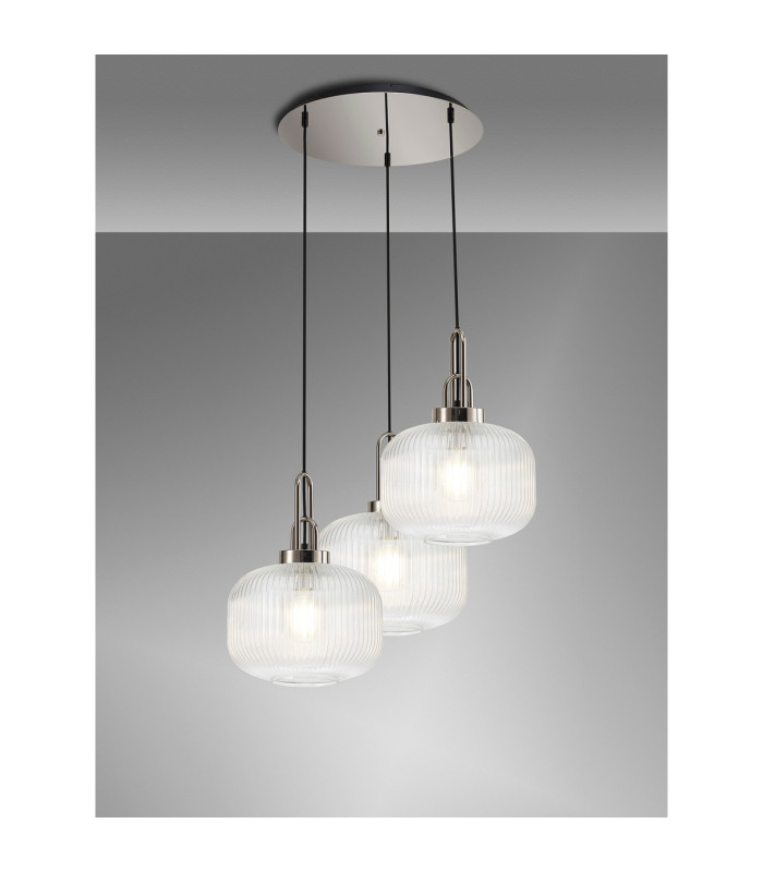 Yorktown 65cm 2m Round Pendant 3 x E27 Polished Nickel/Matt Black 30cm Pumpkin Shaped Ribbed Clear Glass-3