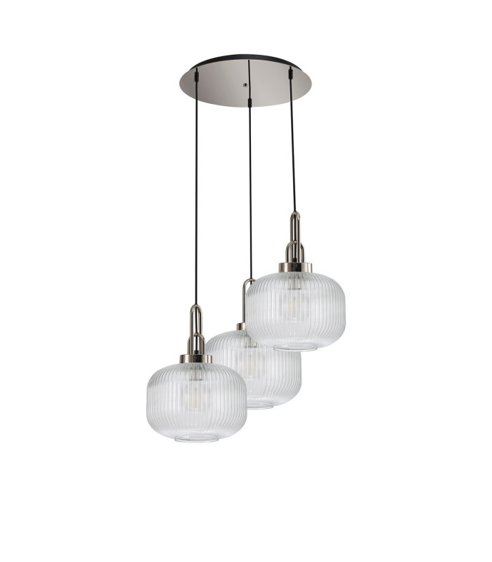 Yorktown 65cm 2m Round Pendant 3 x E27 Polished Nickel/Matt Black 30cm Pumpkin Shaped Ribbed Clear Glass-4