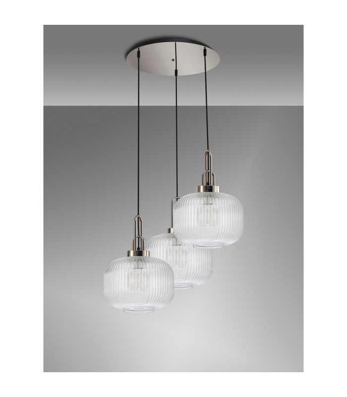 Yorktown 65cm 2m Round Pendant 3 x E27 Polished Nickel/Matt Black 30cm Pumpkin Shaped Ribbed Clear Glass-10