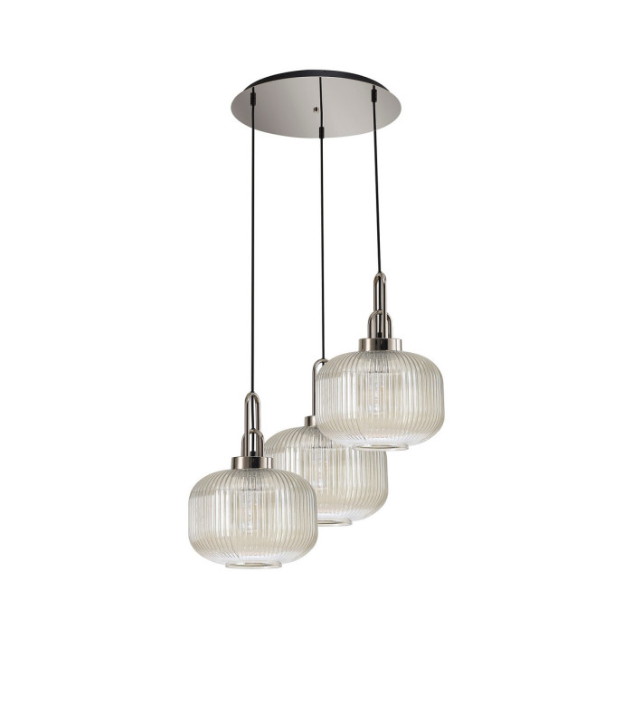 Yorktown 65cm 2m Round Pendant 3 x E27 Polished Nickel/Matt Black 30cm Pumpkin Shaped Ribbed Champagne Glass-4