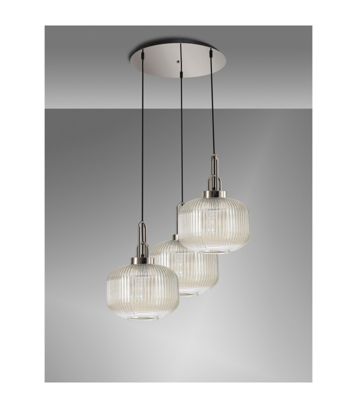 Yorktown 65cm 2m Round Pendant 3 x E27 Polished Nickel/Matt Black 30cm Pumpkin Shaped Ribbed Champagne Glass-10