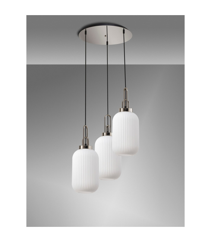 Yorktown 55cm Round 3 Light Pendant 20cm Tubular Ribbed Glass Polished Nickel/Matt Black Opal-9