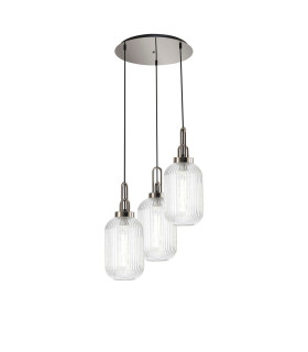 Yorktown 55cm Round 3 Light Pendant 20cm Tubular Ribbed Glass Polished Nickel/Matt Black Clear-1