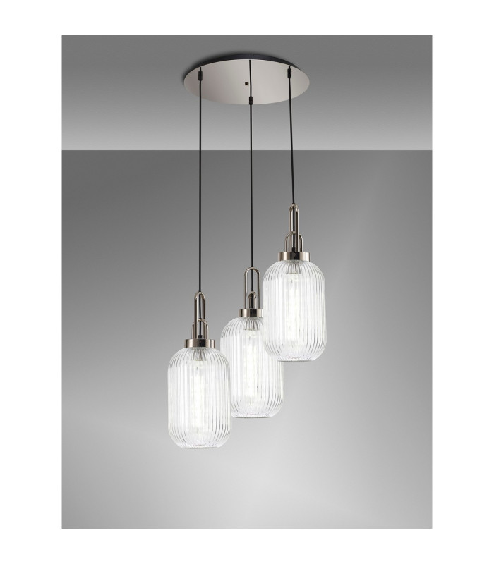 Yorktown 55cm Round 3 Light Pendant 20cm Tubular Ribbed Glass Polished Nickel/Matt Black Clear-3