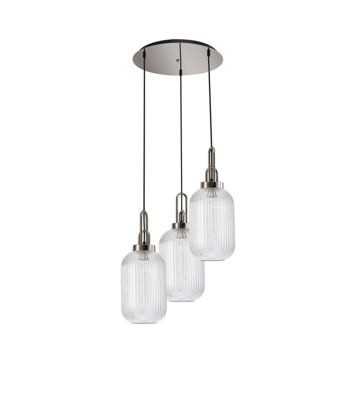 Yorktown 55cm Round 3 Light Pendant 20cm Tubular Ribbed Glass Polished Nickel/Matt Black Clear-4