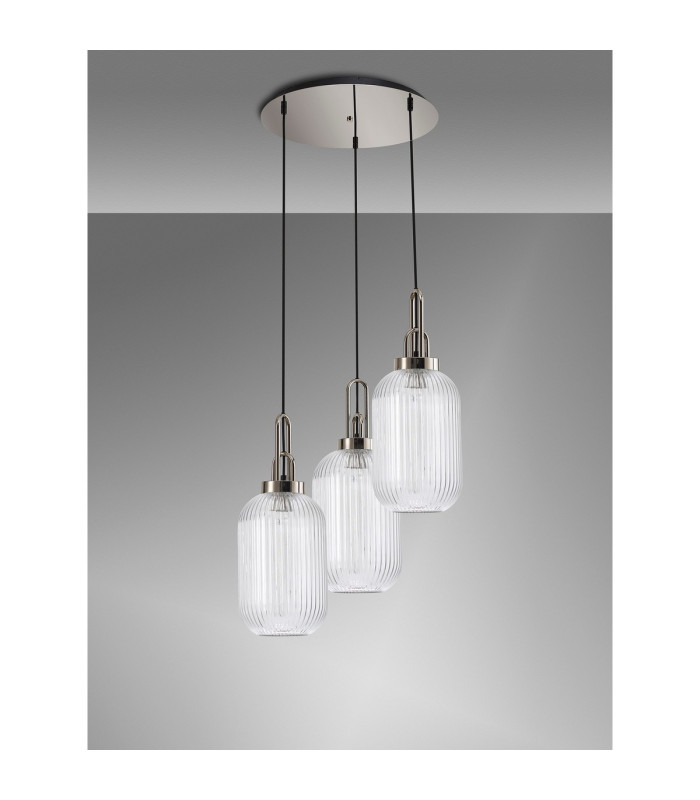 Yorktown 55cm Round 3 Light Pendant 20cm Tubular Ribbed Glass Polished Nickel/Matt Black Clear-10